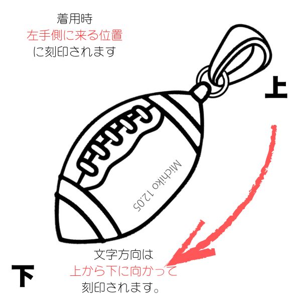 文字は商品上から下に向かって入ります。着用した際に左手側にくる位置に刻印されます。
