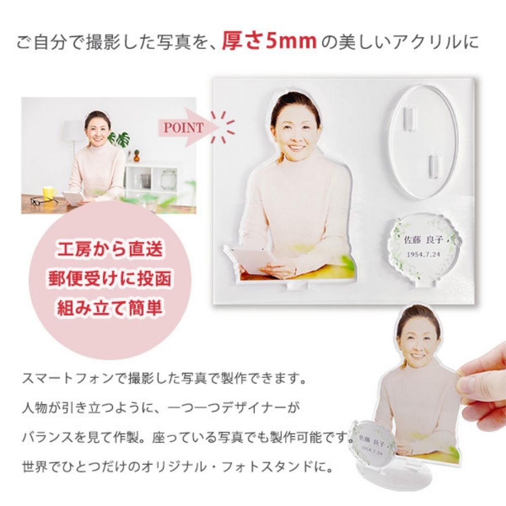ご自分のスマホ、カメラで撮影したデータを送っていただければ、お好きな写真で製作できます。ご注文確定後、画像を送っていただく案内をさせていただきますので、手順が分からなくて不安という方も、ご安心ください。