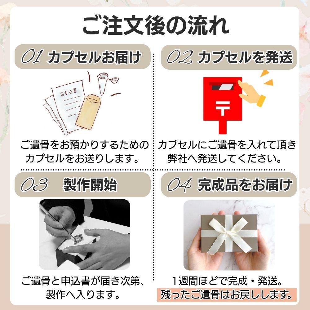 ご遺骨を当社の工房でお預かりして、特殊樹脂でご遺骨をコーティングして、配置・封入します。