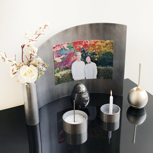 ミニ仏壇セット|アリーナ・アッシュグレー|セットプラン2(仏具・グランブルー・チェリン)