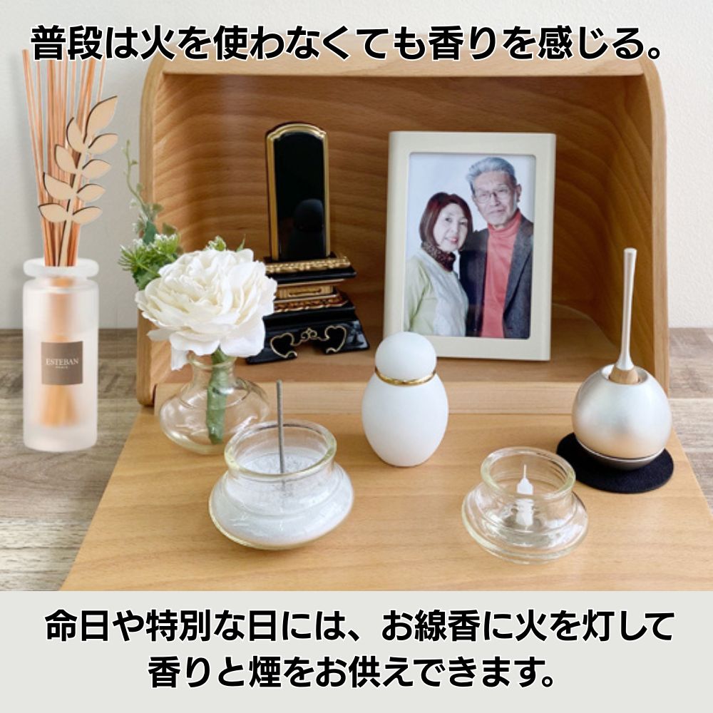 ミニ仏壇セット|火を使わないお仏壇 やさしい時間・祈りの手箱(ラタンブーケセット)ホワイトブーケ付(日本製)