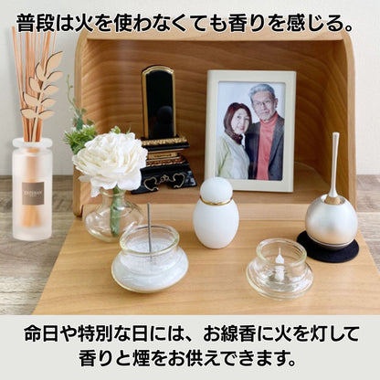 ミニ仏壇セット|火を使わないお仏壇 やさしい時間・祈りの手箱(ラタンブーケセット)ホワイトブーケ付(日本製)