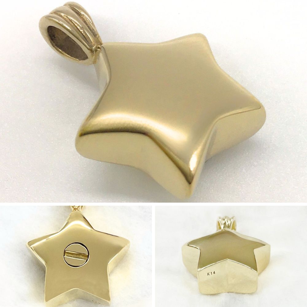 【実物写真】ころんとしたフォルム。裏面のネジを開けて、中の空間にご遺骨を納める作りです。(空間のサイズ:米粒25粒程度※納める際は、ネジ穴を通るよう米粒より小さくした遺骨を入れてください。)底面に、素材を表す刻印が入っています。(画像はゴールド14金。ゴールド18金の場合はK18と入ります。)