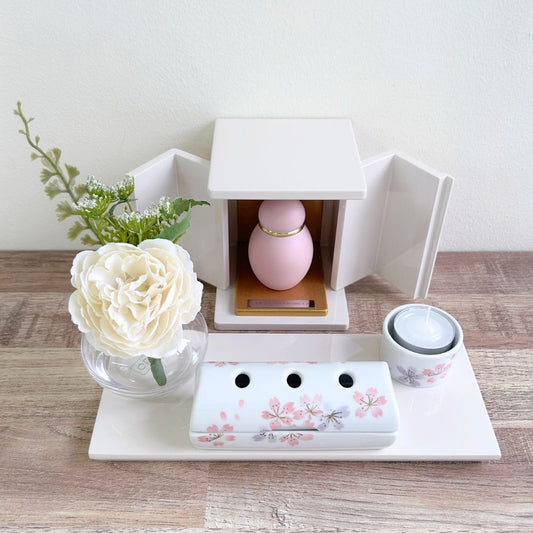 ミニ仏壇・祈りの小箱「卯の花」 厨子タイプ小 (日本製・漆仕上げ) パステル線香セット サクラ花柄 刻印可能