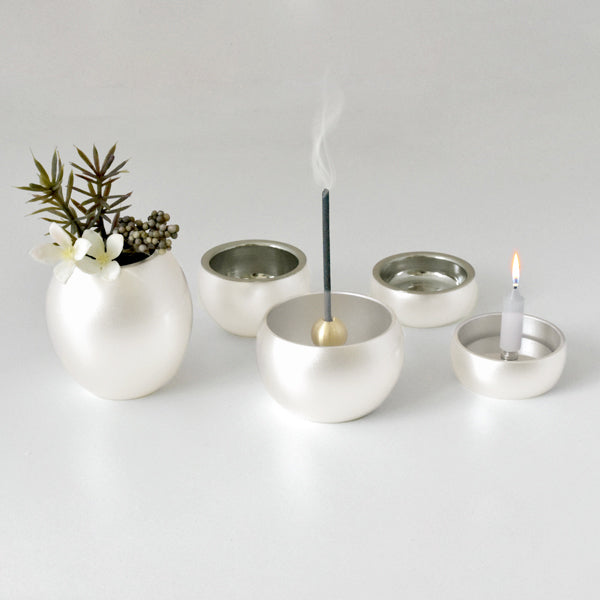 五具足|仏具5点セット|ミニミニ仏具・銀(花立・火立・香炉・茶湯器・仏飯器)（日本製）