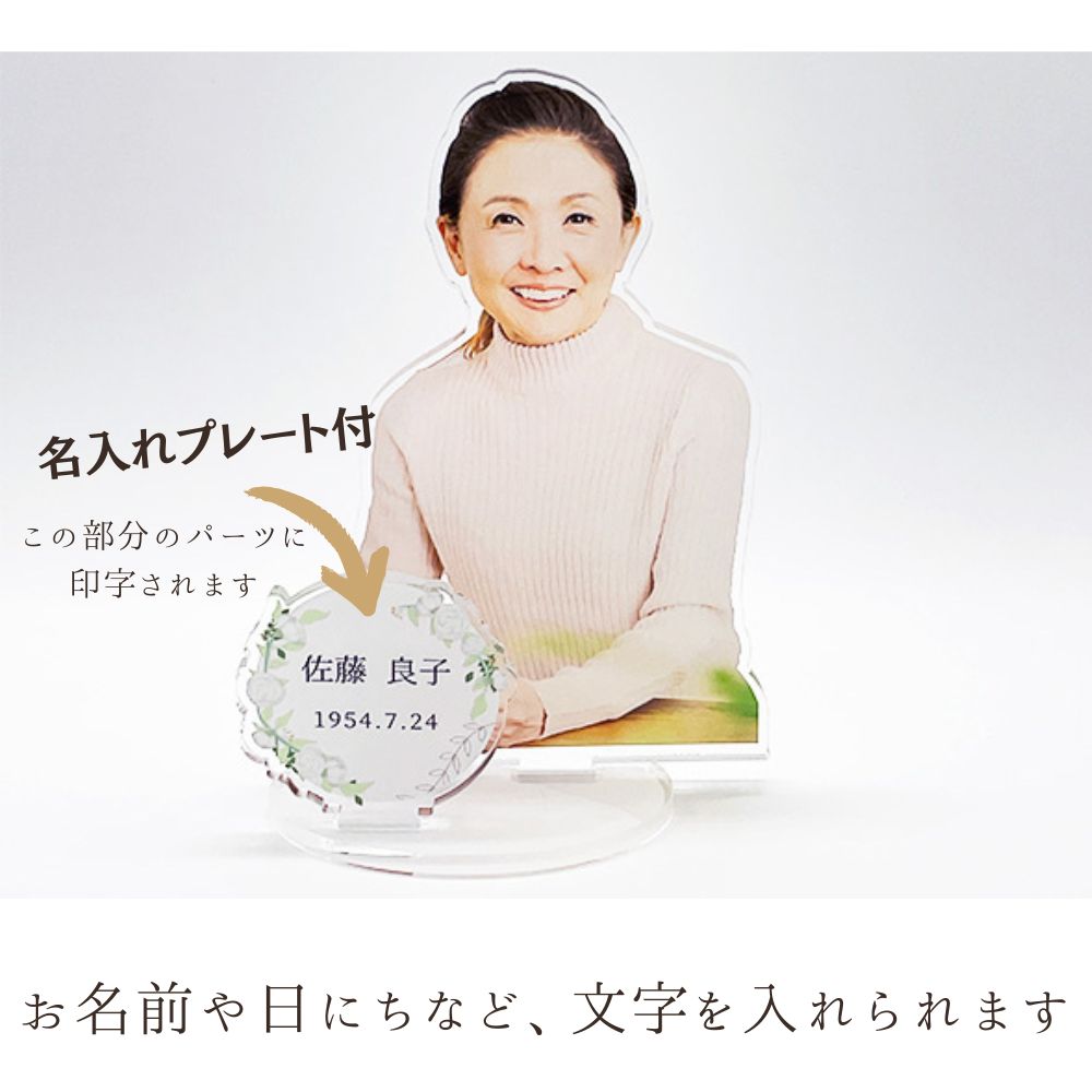 商品前面の名入れプレート部分には、亡くなった方のお名前や命日の日付などを入れることができます（印字）