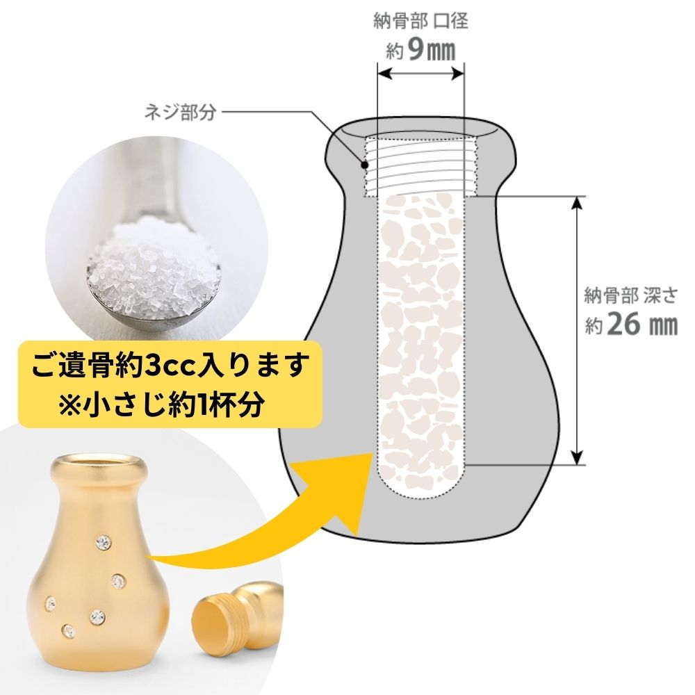 ご遺骨は約3cc入ります：ご遺骨を納める空洞は円柱状に空いています。万が一地震などで倒れてもミニ骨壷が割れる心配はありません。