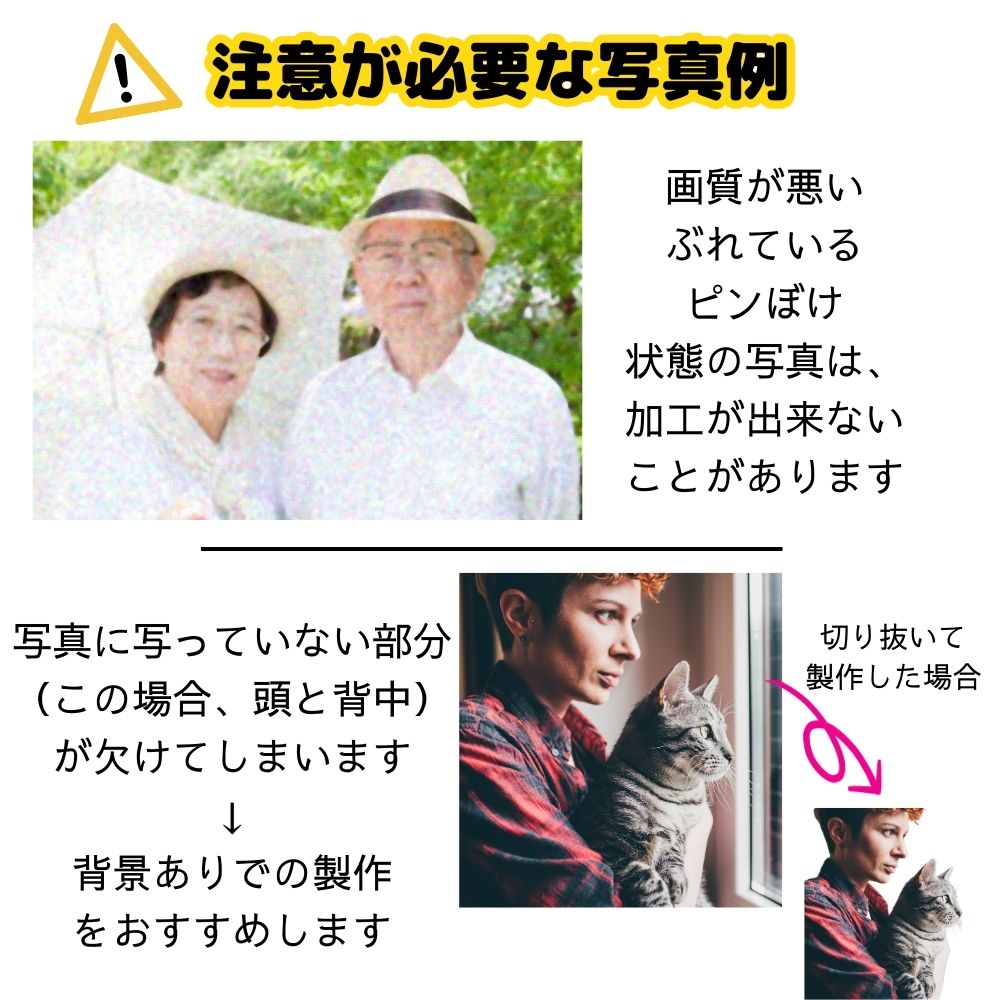 送っていただくお写真は、なるべく画質が良いぶれていないもののほうが綺麗に仕上がります。スマホで撮影した写真でも作れます。