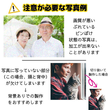 送っていただくお写真は、なるべく画質が良いぶれていないもののほうが綺麗に仕上がります。スマホで撮影した写真でも作れます。