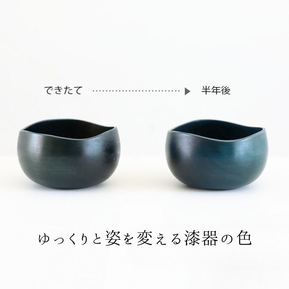 できたてから半年後の漆器の経年変化のイメージ。こちらの商品は、経年変化で色鮮やかに変わっていきます。