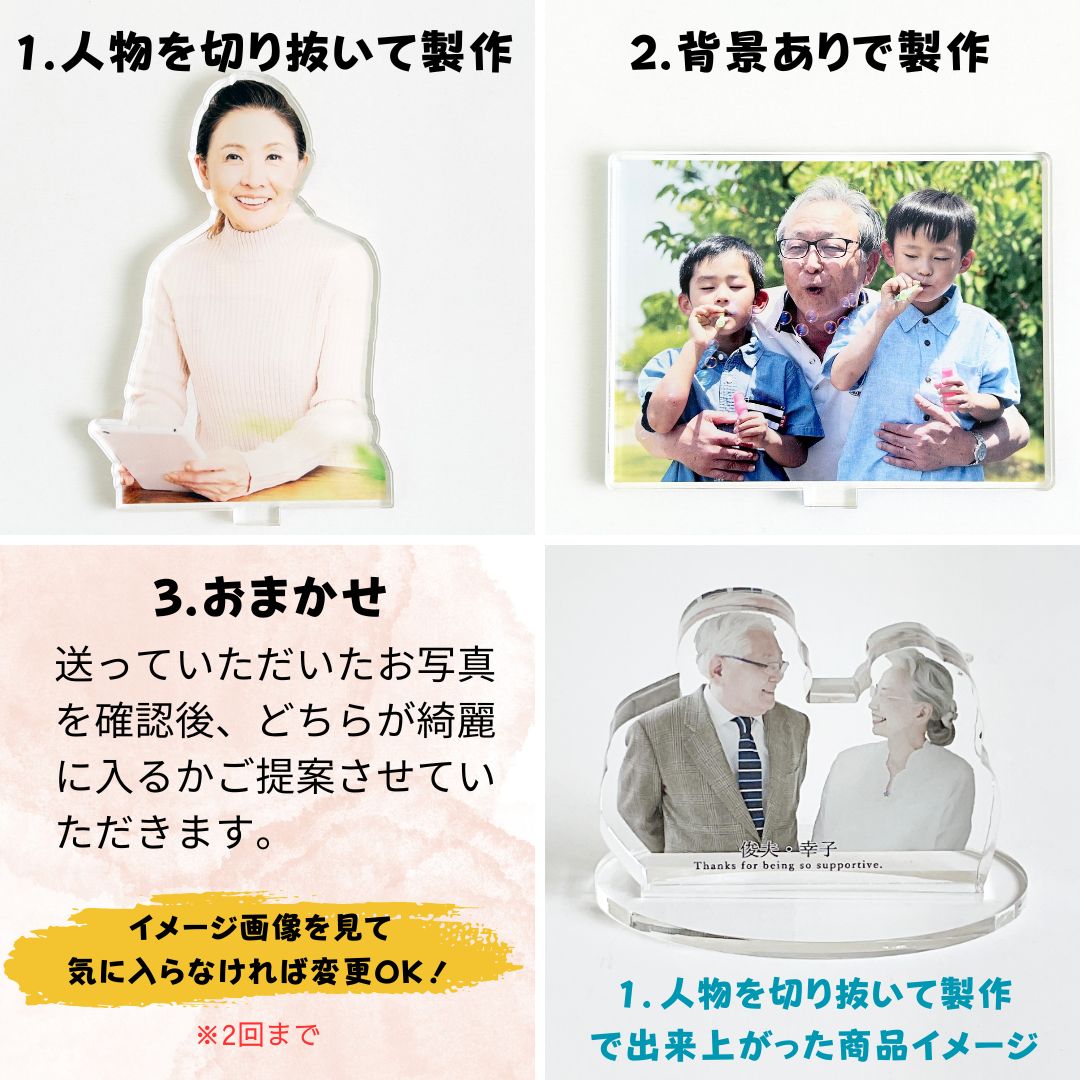【重要】仕上がりイメージ画像は二回まで作成可能です。一回目で気に入らなかった場合は、もう一度やり直し可能ですので、ご相談ください。二枚を見比べてお選びください。