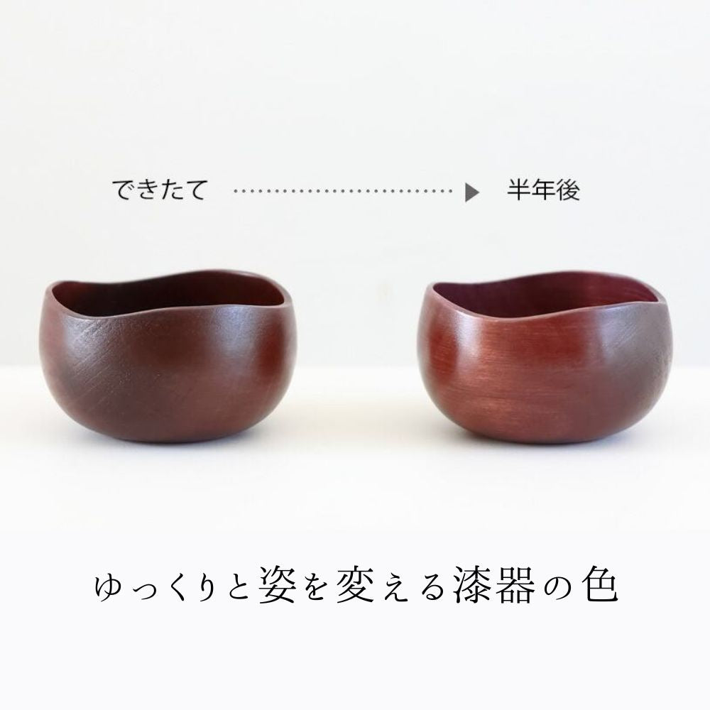 できたてから半年後の漆器の経年変化のイメージ。こちらの商品は、経年変化で色鮮やかに変わっていきます。