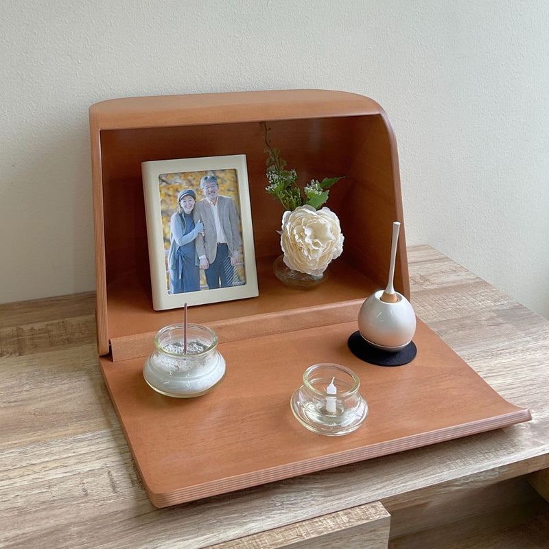 ミニ仏壇セット|やさしい時間・祈りの手箱|ブラウン (チェリンセット)・ブーケ付（日本製）